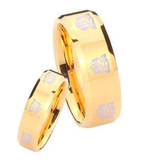 His Her's Tungsten 8_Transformers Autobot 14K Gold IP Pipe Cut Ring Set Size 4, 7: Wedding Bands: Jewelry