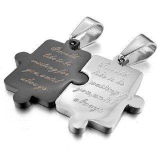 JBlue Jewelry Men's His & Hers Couples Gift Puzzle Stainless Steel Pendant Love Necklace Set Valentine Silver Black with 20 and 23 inch Chain (with Gift Bag): Jewelry