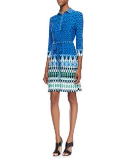 Womens Belted Printed Jersey Dress, Multicolor   Ali Ro   Blue/Sprmint mult (2)