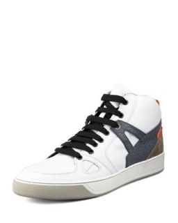 Mens Calfskin Sneaker with Fluorescent Detail, White   Lanvin   White (10/11D)