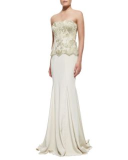 Womens Strapless Brocade Bodice Gown   Badgley Mischka Collection   Ivory/Gold