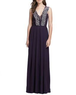 Womens Beaded Double V Neck Gown   Rebecca Taylor   Plum (6)