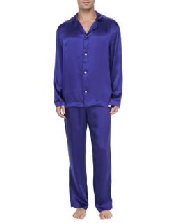 Mens Silk Two Piece Pajama Set, Royal Blue   Royal (MEDIUM)