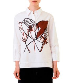 Womens Woodcut Floral Graphic Cotton Blouse, White   Marni   White/Brown