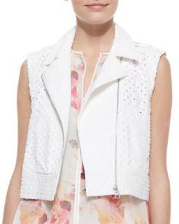 Womens Perforated Cropped Denim Moto Vest   Rebecca Taylor   White (0)