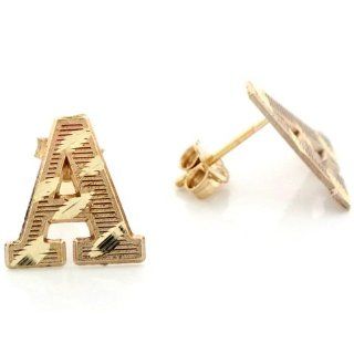 14k Real Yellow Gold Diamond Cut Letter A Initial Unisex Post Earring Jewelry