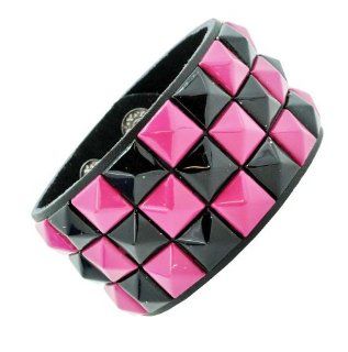 Pink and Black Checkered Studded Black Leather Bracelet: Jewelry