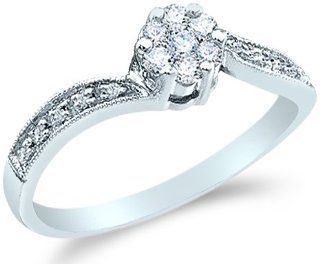 10k White Gold Diamond Engagement Channel Set Flower Shape Center Round Brilliant Cut Diamond Ring 6mm (1/4 cttw): Jewelry