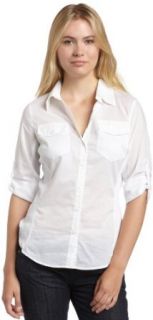 Calvin Klein Women's Roll Sleeve Shirt With Knit Panels, White, Large