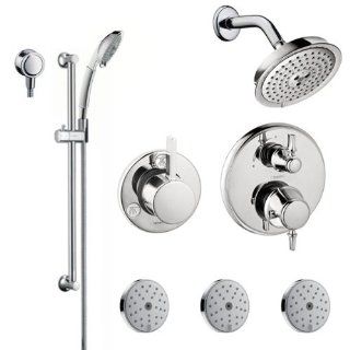 Hansgrohe HG T303 Brushed Nickel C C Shower Faucet with Thermostatic / Volume Control Trim, Diverter Trim, Single Function Shower Head, Shower Arm, Multi Function Hand Shower, 63" Techniflex Hose, Wall Bar, 3 Body Sprays and Wall Supply Less Thermosta