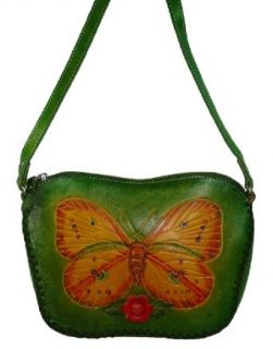 Hand made! Genuine Leather Butterfly & Sunflower Shoulder Bag(Green), Beautiful and Unique.: Clothing