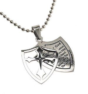 Christian Mens Stainless Steel Abstinence 2 Piece Shield "Armor of God   Put on the Full Armor of God That You May Be Able to Stand Firm Against the Schemes of the Devil" Ephesians 6:11 Purity Necklace on a 24" Ball Chain for Boys   Guys Pur