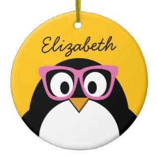 Hipster Penguin   Cute Cartoon Yellow Pink Ornament