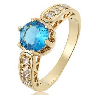 Rizilia Jewelry Fashion Designer Yellow Gold Plated Cz Round Cut Aquamarine Color Cocktail Ring Size 8: Jewelry