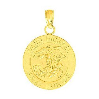14k Gold Religious Necklace Charm Pendant, Saint Michael Medal High Polish & Sat: Million Charms: Jewelry