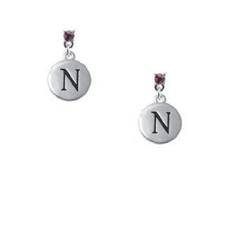 Capital Silver Letter   Pebble Disc   Crystal Silver Post Earrings Crystal Color Amethyst;Initial N: Dangle Earrings: Jewelry