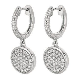 Silver Rhodium Plated Shiny Fancy Round Disc On Huggie Hoop Earrings w/ Clear Cubic Zirconia (CZ) (BTAGCE2297): Jewelry