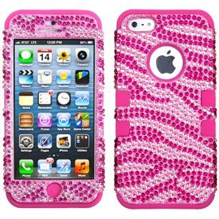 Hot Pink Zebra HyBrid HyBird Bling Case Cover For Apple iPhone 5 5S with Free Pouch: Cell Phones & Accessories