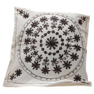 Flower Design Embroidered Cushion Cover (Cushion pad not included) Flower Design Embroidered Cushion Cover (Cushion pad not included) (17x17 Inches (Fits 18x18 Inch Cushion)) (Cream/Brown)   Throw Pillow Covers