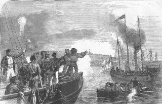 MILITARIA: Shelling a Russian ship, near Gustafsvern, antique print, 1856  