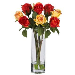 Nearly Natural Roses w/Glass Vase Silk Flower Arrangement   Artificial Mixed Flower Arrangements