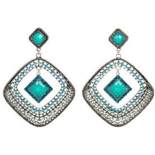 Glamorous Oversized Turquoise Aquamarine Crystal Antique Silver Gypsy Hoop Dangle Earrings: Jewelry
