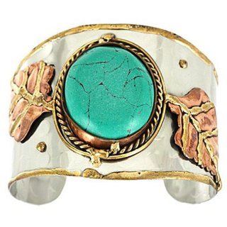 Tri Tone Silvertone Wide Metal Cuff Brass Coppertone Leaf Imitation Turquoise Bracelet Bangle Jewelry