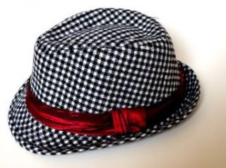 Kid's size fedora hat (Black & White plaid red strap): Clothing