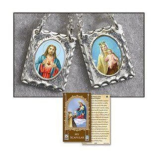 Catholic Scapular, Womens, Teens or Mens Metal 2 panel Brown Scapular on Chain, Card Features "The History of the Brown Scapular" on July 16th, 1251, Our Blessed Mother Appeared to Saint Simon Stock, General of the Carmelite Order, in Answer to H