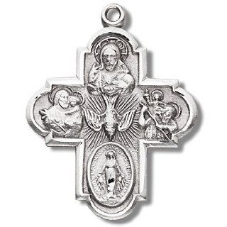 Mens Necklace, Sterling Silver Medal Religious Large 4 way Jesus St. Mary St. Joseph St. Christopher with 24" Stainless Steel Chain in Gift Box. Catholic Saint Christopher Patron Saint of Bookbinders, Epilepsy, Gardeners, Mariners, Pestilence, Thunder