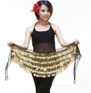 Belly Dance Chiffon 304 coins Dangling Zumba Hip Scarf Wrap with Paillettes and Gold Coins   BLACK: Clothing