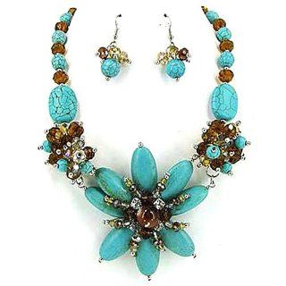 Blue Green and Brown Flower Statement Necklace and Earrings Set: Jewelry Sets: Jewelry