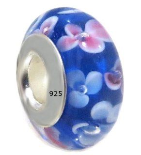 1 High Quality Blue Flowers Authentic 925 Sterling Silver Murano Glass Charm Bead, Fits Pandora, Chamilia, Troll and Others (Threaded Screw Core) Jewelry
