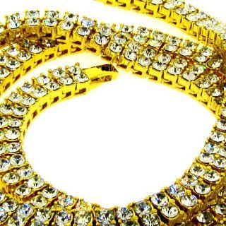 Men's 2 Row Pharaoh Crystal Necklace   Iced Out   24k Gold Plated Bling: Jewelry