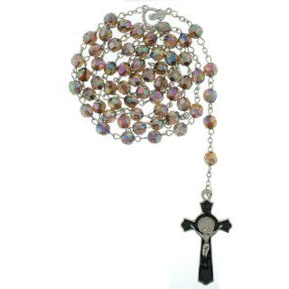 AB Rainbow Bead Rosary with Faceted 7mm Round Beads and St. Benedict Cross   32'' Necklace   22'' Overall Length: Jewelry