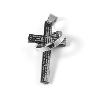 New Black Stainless Steel The Lords Prayer Cross Design Ring Link Pendant With English Scripture & Free Chain   Length 23.6" + UK Shipped Within 24hrs Of Order Placed + Gift Packaging Included!: Jewelry