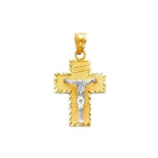 14K Yellow and White 2 Two Tone Gold Religious Jesus Cross Charm Pendant: The World Jewelry Center: Jewelry