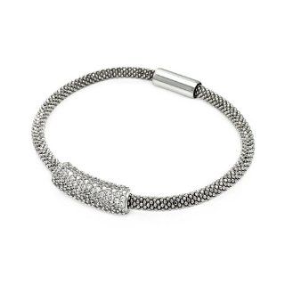 .925 Sterling Silver Rhodium Plated Mesh Design Pave Cubic Zirconia Italian Bracelet Band with Magnetic Lock   7" Inches: The World Jewelry Center: Jewelry