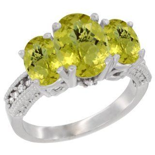 10K White Gold Natural Lemon Quartz Ring Ladies 3 Stone 8x6 Oval Diamond Accent, sizes 5   10: Jewelry