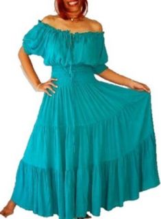 TURQUOISE DRESS PEASANT SMOCKED RUFFLED MEXICAN   FITS   S M L   A758 LOTUSTRADERS: Clothing
