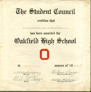 Oakfield High School Baseball Letter Award 1939 1940 ME: Entertainment Collectibles