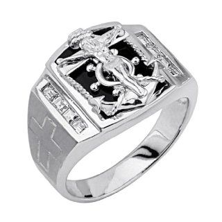 .925 Sterling Silver CZ and Onyx Mariner Crucifix Mens Ring: Jewelry