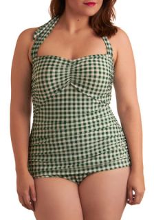 Esther Williams Bathing Beauty One Piece Swimsuit in Green Gingham   Plus Size  Mod Retro Vintage Bathing Suits