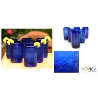 Set of 6 Blown Glass 'Blue Blossoms' Glasses (Mexico) Novica Glassware