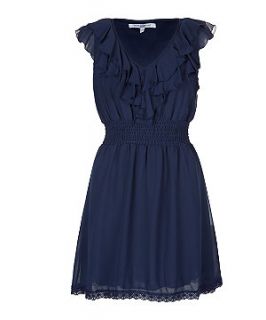 Navy Blue Ruffle Front Chiffon Dress