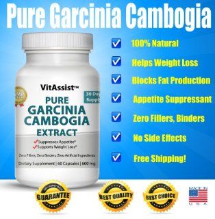 Pure Garcinia Cambogia Extract by VitAssist with HCA, 600mg Veggie Capsules, 1,200mg Daily Dose, 30 Day Supply, Zero Fillers, Dynamic Appetite Suppressant Plus Fat Burner, All Natural Organic Fruit Weight Loss Supplement Slim Formula, Money Back Guarantee: