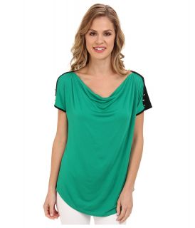 Calvin Klein Colorblocked Tee w/ Buttons Womens Blouse (Green)