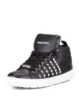 Mens Studded Leather High Top Sneaker, Black   Dsquared2   Black (41/9D)