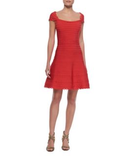 Womens Cap Sleeve Scalloped Dress, Coral Poppy   Herve Leger   Coral poppy