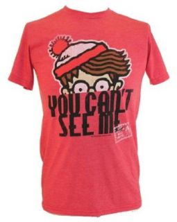 Where's Waldo? Mens T Shirt   "You Can't See Me" Waldo Peeking over the Words on Red: Clothing